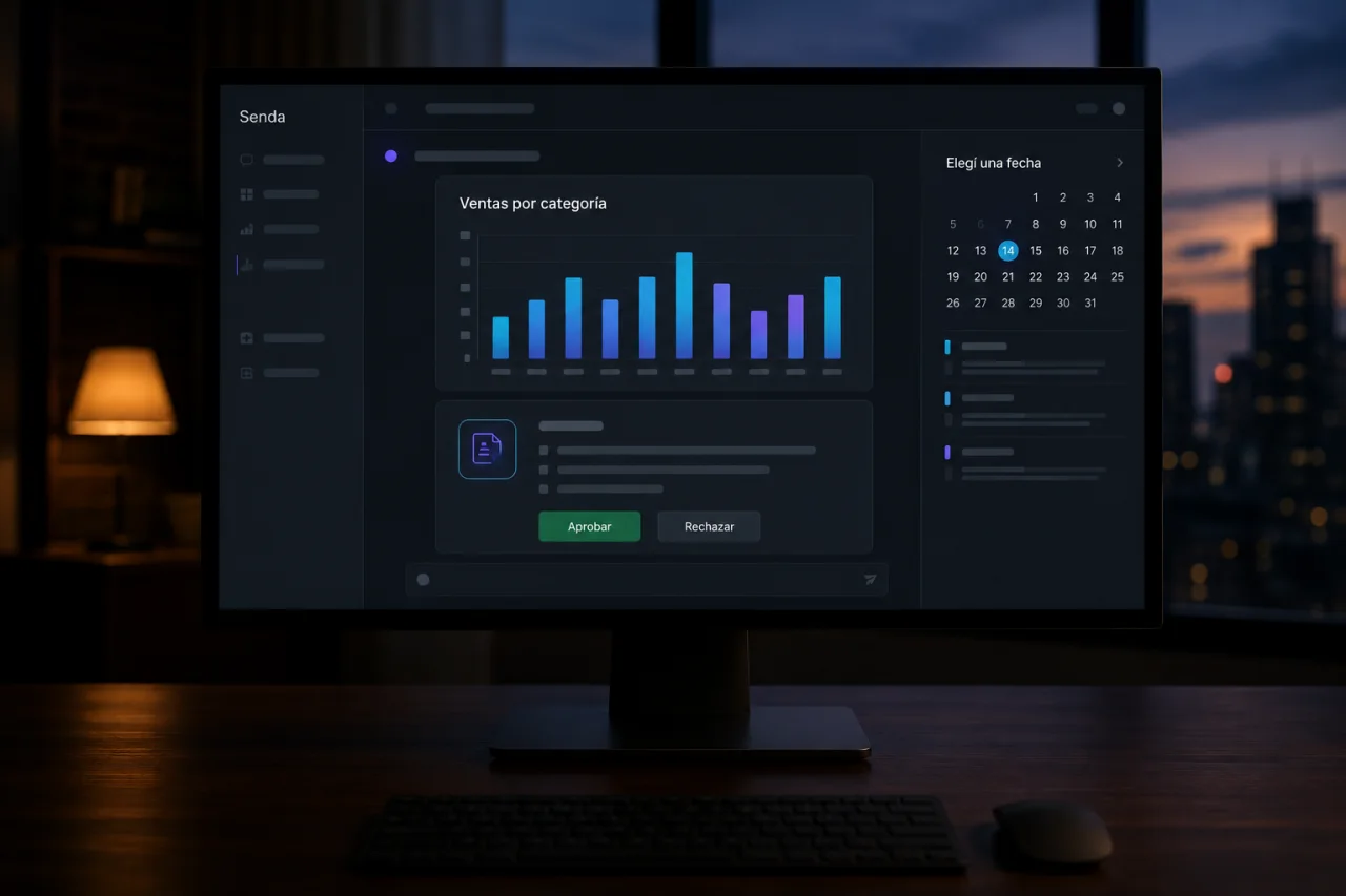 Chat de Senda respondiendo con componentes visuales: un gráfico de ventas por categoría, una tarjeta de aprobación y un calendario
